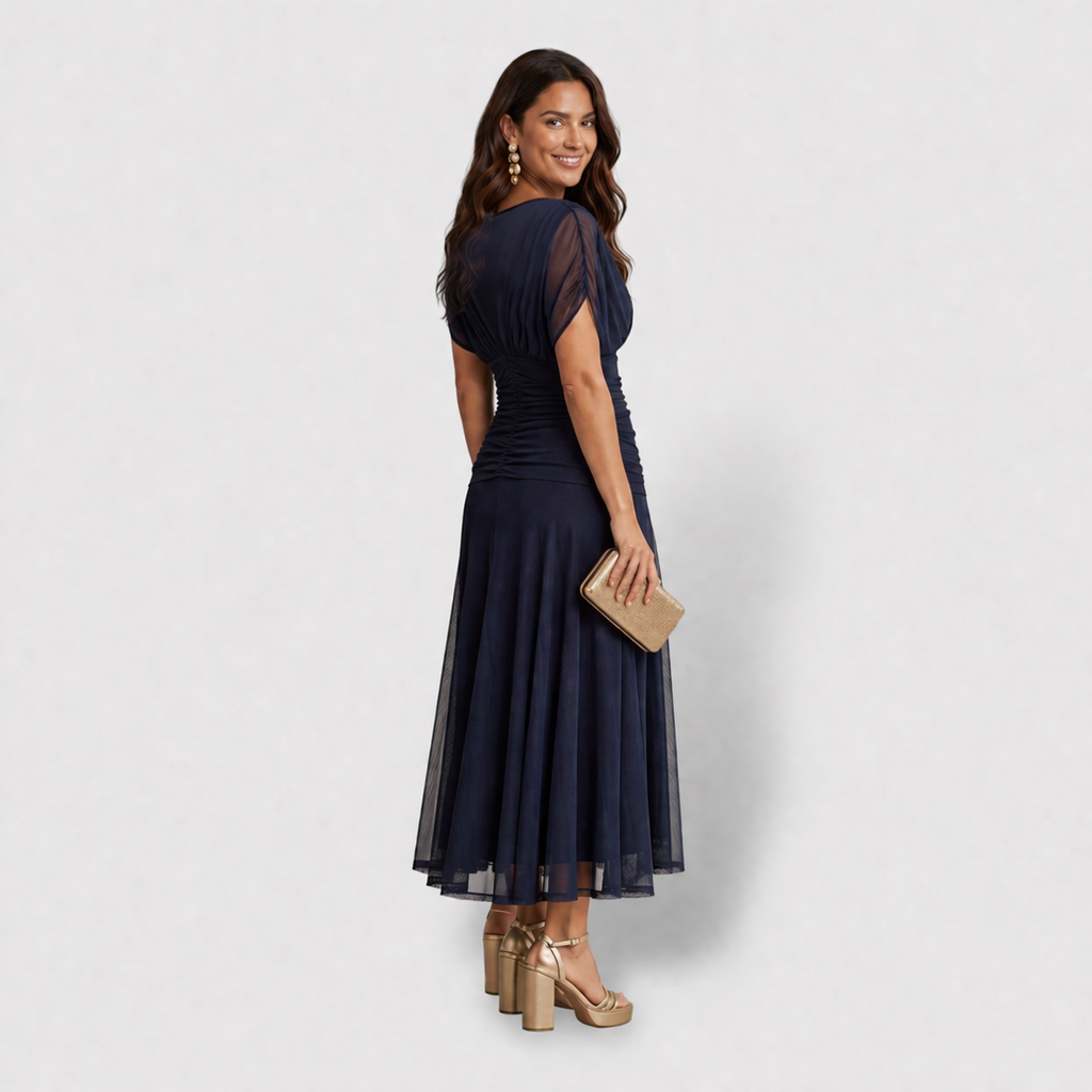 Vestido midi azul con escote cruzado
