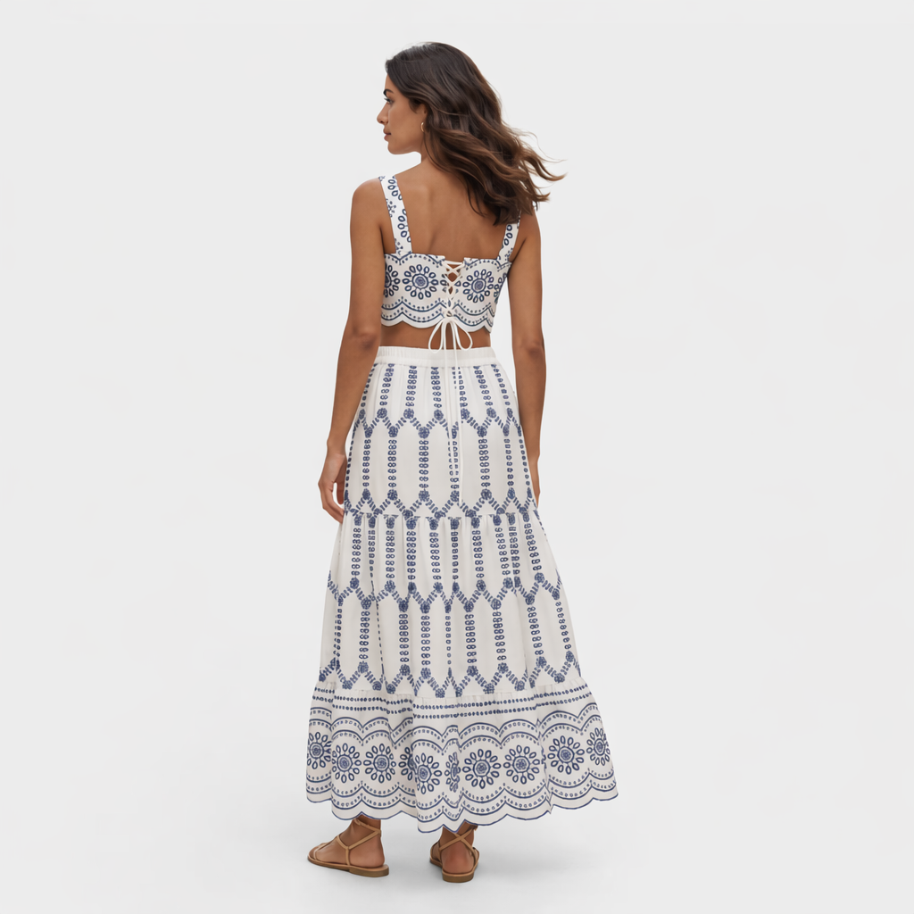 Conjunto Elegante blanco y azul: elegancia artesanal con esencia mediterránea