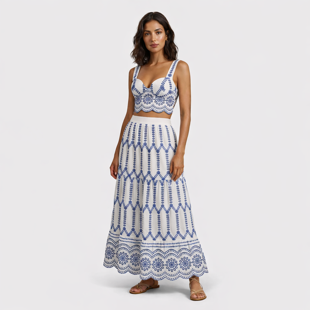 Conjunto Elegante blanco y azul: elegancia artesanal con esencia mediterránea