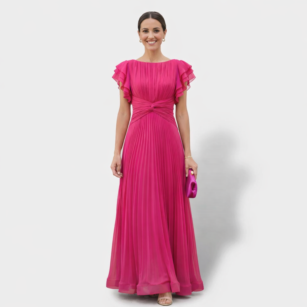Vestido plisado con mangas vaporosas y detalle elegante en cintura