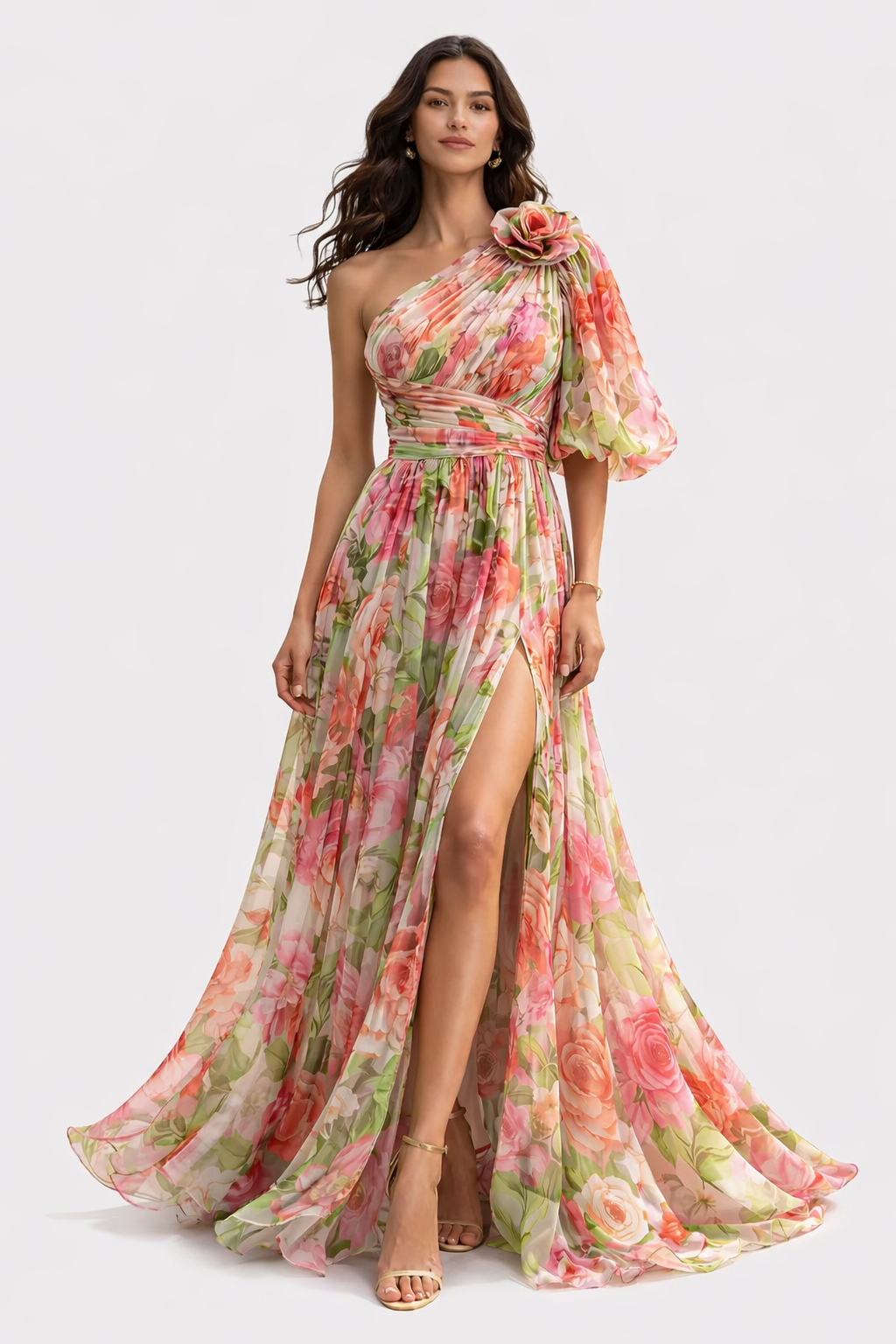 Vestido Largo Asimétrico Estampado Floral con Abertura y Manga Abullonada