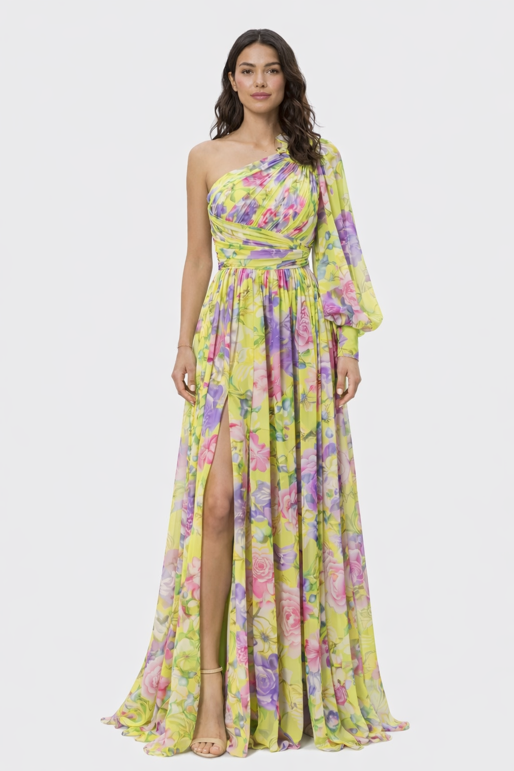 Vestido Largo Asimétrico Estampado Floral con Abertura y Manga Abullonada