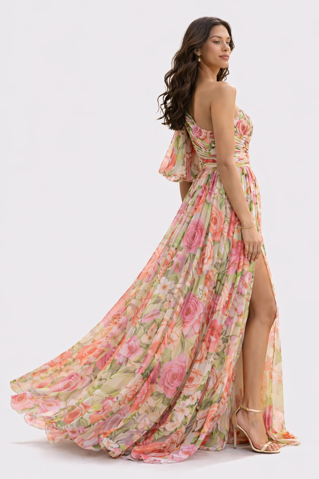 Vestido Largo Asimétrico Estampado Floral con Abertura y Manga Abullonada