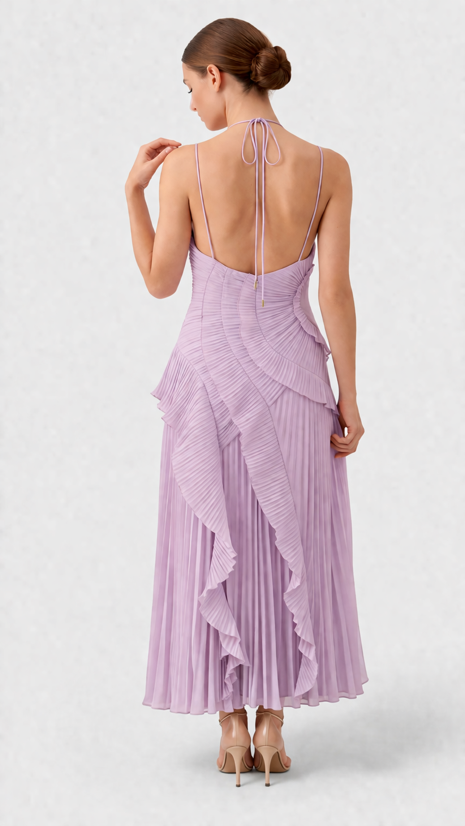 Vestido Elegante Plisado Asimétrico Color Lavanda