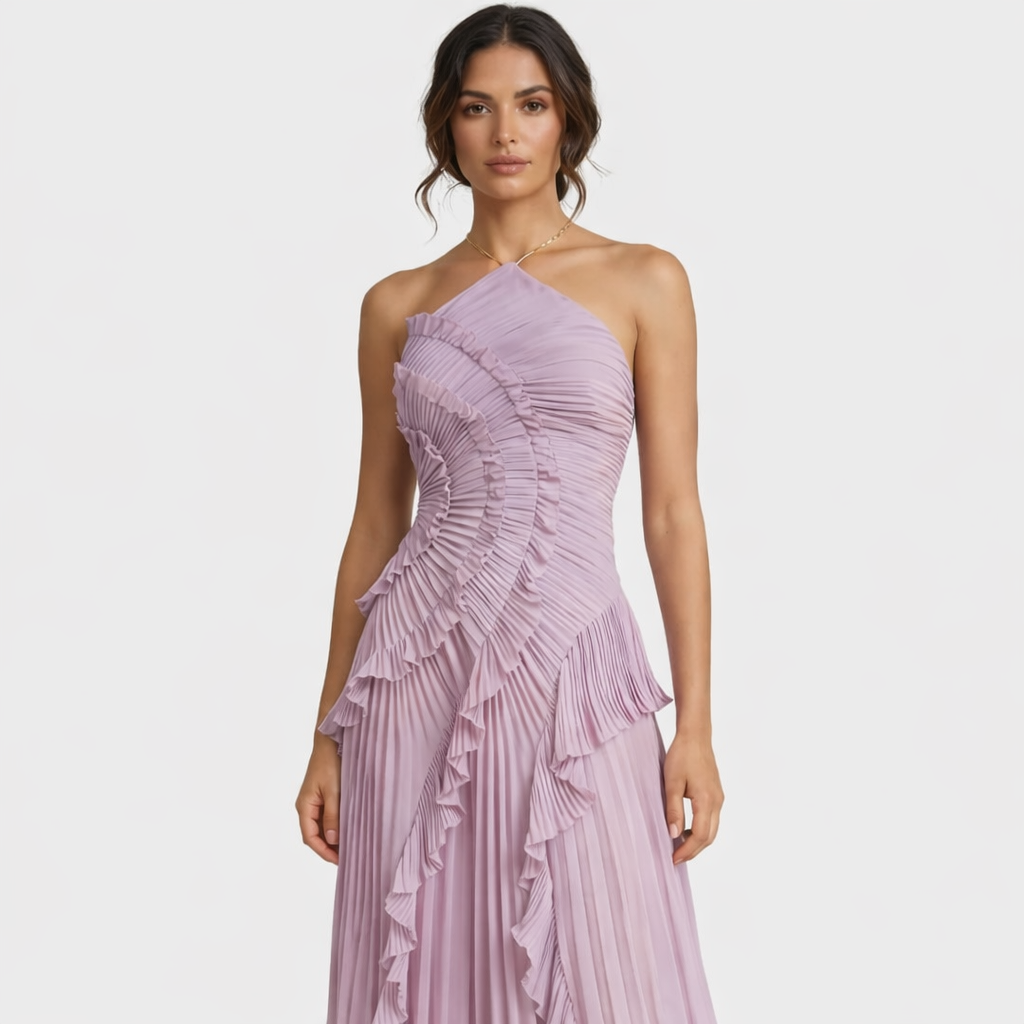 Vestido Elegante Plisado Asimétrico Color Lavanda