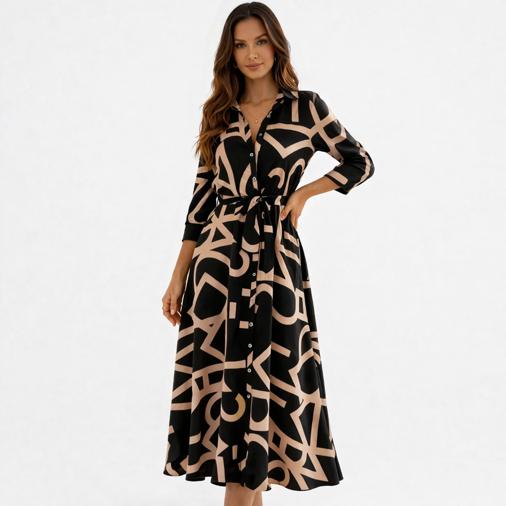 Vestido Midi Elegante Estampado con Cintura Ajustable y Botones