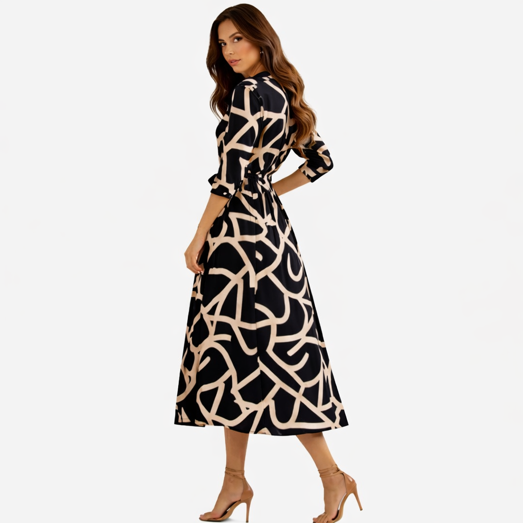Vestido Midi Elegante Estampado con Cintura Ajustable y Botones