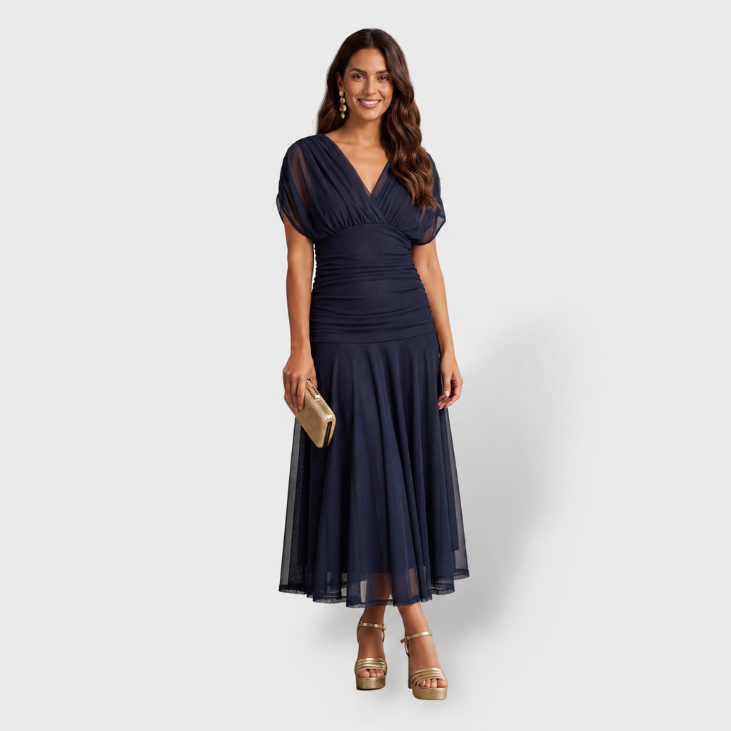 Vestido midi azul con escote cruzado