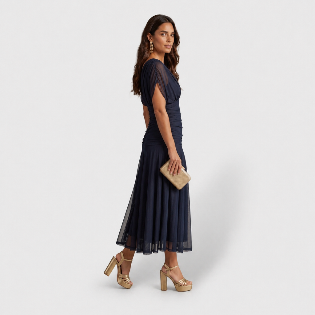 Vestido midi azul con escote cruzado