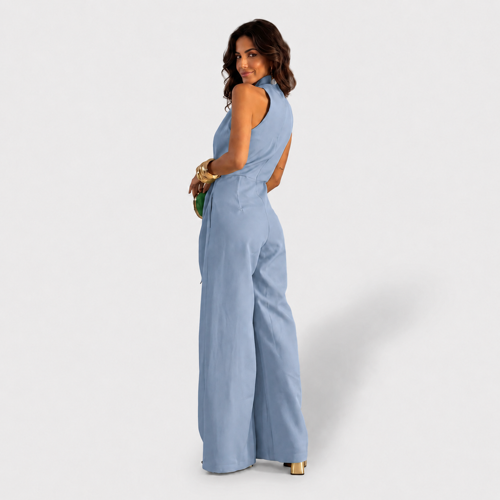 Mono Largo Elegante con Escote Drapeado y Pierna Ancha