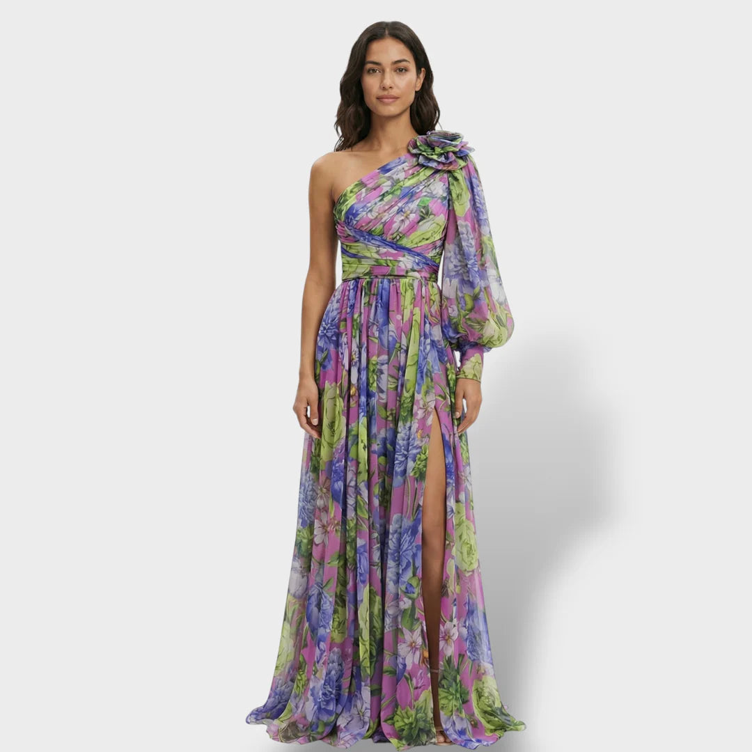 Vestido Largo Asimétrico Estampado Floral con Abertura y Manga Abullonada