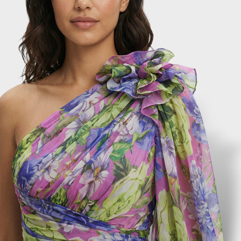 Vestido Largo Asimétrico Estampado Floral con Abertura y Manga Abullonada