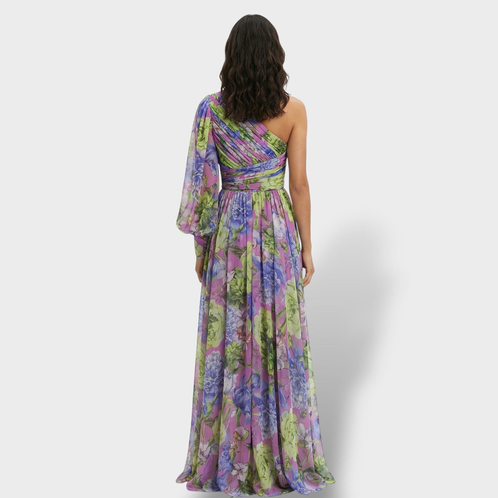 Vestido Largo Asimétrico Estampado Floral con Abertura y Manga Abullonada